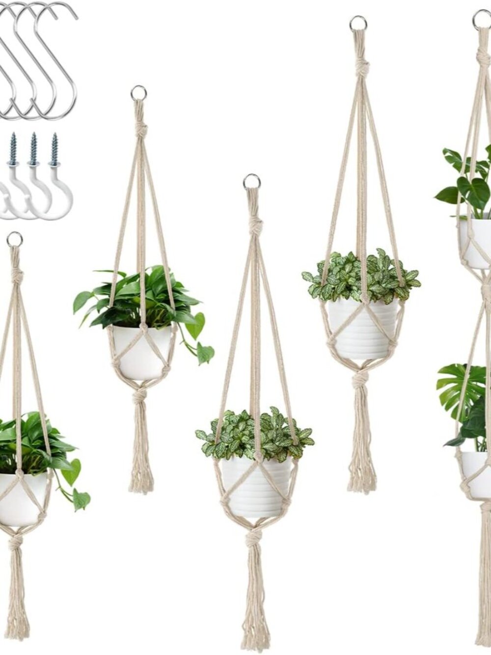 5 Pack Macrame Plant Hangers, Indoor Hanging Plant Holder with S Hooks and Hook
